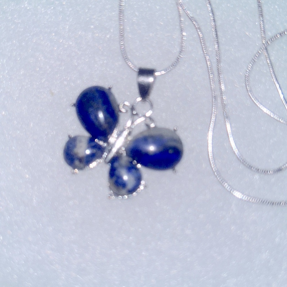 Boho hippie Lapis Lazuli Butterfly Sterling Silver 24” Necklace